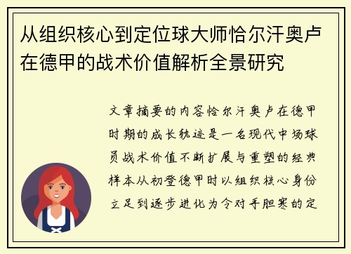 从组织核心到定位球大师恰尔汗奥卢在德甲的战术价值解析全景研究